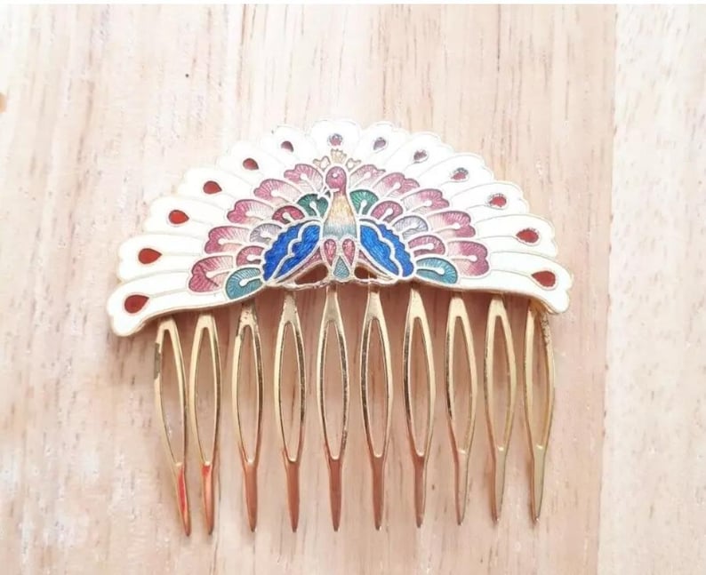Peacock Cloisonne Hair Comb, Vintage 1970s Decorative Peacock Feathers