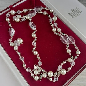 Vintage 90s Y2K Faux Pearl Long Necklace, Linked Beaded Statement Necklace, Retro Layering Jewellery, Elegant Pearl Chain Gift for Her