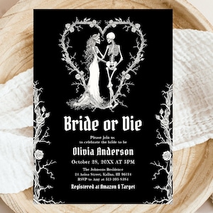 Halloween Bridal Shower Invitation Template, Bride or Die Bridal Shower Invite, Skull Skeleton Couple Black Gothic Floral Wedding Shower H2