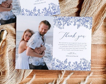 Dusty Blue Floral Wedding Photo Thank You Card, Victorian Blue Wedding Thank You Card, Blue Vintage Floral Botanical Thank You Card B3