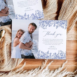 Dusty Blue Blumen Hochzeit Foto Dankeschön Karte, Viktorianische Blau Hochzeit Dankeschön Karte, Blau Vintage Floral Botanische Dankeschön Karte B3