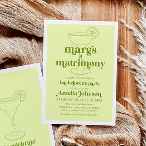 Margs and Matrimony Bridal Shower Invitation Template, Editable Green Cocktails Margaritas and Matrimony Bachelorette Party Invite