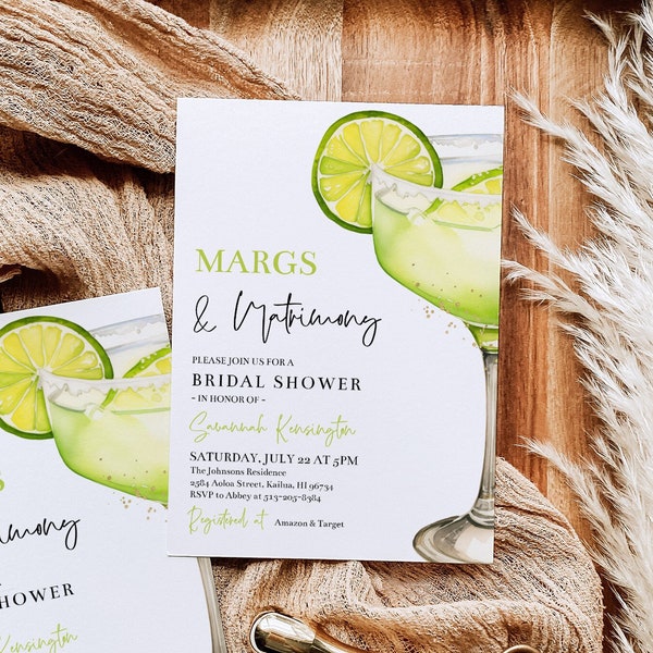 Margs and Matrimony Bridal Shower Invitation Template, Editable Green Cocktails Margaritas and Matrimony Bachelorette Party Invite