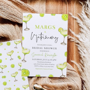 Margs and Matrimony Bridal Shower Invitation Template, Editable Green Cocktails Margaritas and Matrimony Bachelorette Party Invite