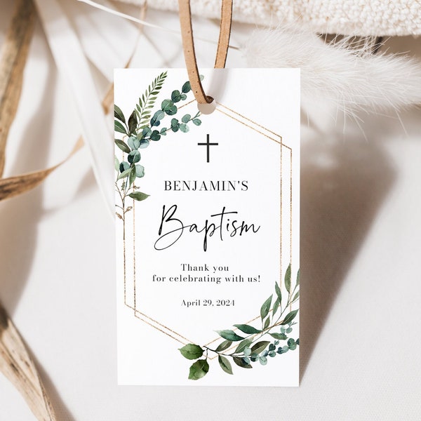 Greenery Baptism Favor Tag Template, Editable Lush Greenery Cross Thank You Tag Template Eucalyptus Christening Gift Tag Instant Download B1