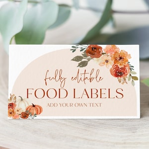 Étiquettes d'aliments d'automne, cartes tentes de nourriture d'automne citrouilles bohèmes modifiables, cartes de nourriture pliées d'automne imprimables étiquettes de nourriture de carte modèle F1 de buffet d'automne