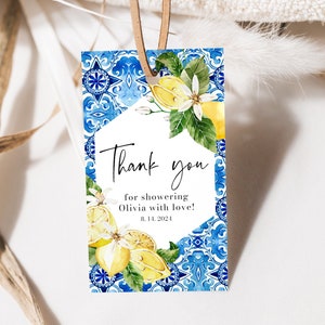 Blue Tiles Lemon Bridal Shower Favor Tag Template, Italian Positano Favor Tags,  Main Squeeze Thank You Tags, Lemon Amalfi Coast Favors M2