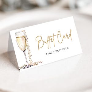 Tarjeta de buffet para despedida de soltera con perlas y prosecco, etiquetas para alimentos, tarjeta para carpa de alimentos, tarjeta de lugar con perlas y prosecco, etiqueta para alimentos con perlas, tarjetas para alimentos plegadas PP2