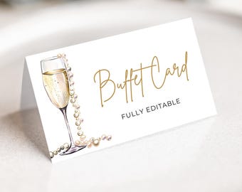 May include: A white card with gold text that says "Buffet Card" and "Fully Editable". The card has a watercolor illustration of a champagne flute with a pearl necklace draped around it.