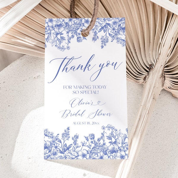 Blue Floral Bridal Shower Favor Tags, Blue Victorian Thank You Tags, Printable Vintage Botanical Gift Tag Something Blue Bridal Shower B3