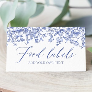 Blue Floral Food Labels, Blue Vintage Floral Food Tent Cards, Victorian Blue Folded Food Cards Food Tags Blue Floral Buffet Card Template B3