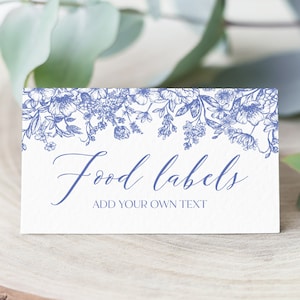 Étiquettes alimentaires florales bleues, cartes de tente florales vintage bleues, cartes alimentaires pliées bleues victoriennes Étiquettes alimentaires Modèle de carte de buffet floral bleu B3