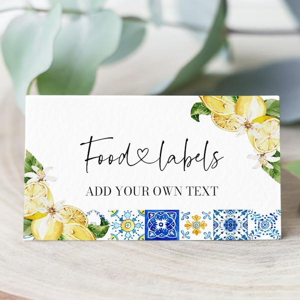 Positano Blue Tiles Lemon Baby Shower Food Labels, Italian Mediterranean Food Tent Cards, Amalfi Coast Summer Folded Food Cards Food Tags M5