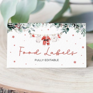 Labelsjabloon babyvoeding, bewerkbare kerstbuffetkaarten, wintervoedseltentkaart Afdrukbare kerstman babykleding Voedselkaarten Voedseltags SBS