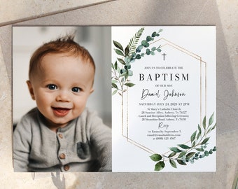 Baptism Invitation Template, Editable Gold Greenery Eucalyptus Baptism Invitation, Baptism Invitation Printable Photo Baptism Invite B1