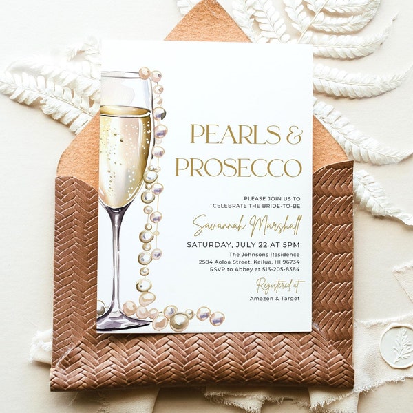 Pearls and Prosecco Bridal Shower Invitation Template, Printable Minimalist Pearl Bridal Shower Invite, Pearls & Prosecco Wedding Shower PP2