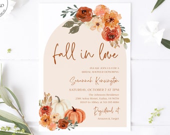 Fall in Love Bridal Shower Invitation, Arch Boho Fall Pumpkin Bridal Shower Invite, Fall Bridal Shower, Editable Autumn Bridal Shower F1