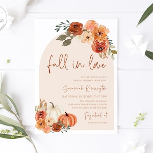 Fall in Love Bridal Shower Invitation, Arch Boho Fall Pumpkin Bridal Shower Invite, Fall Bridal Shower, Editable Autumn Bridal Shower F1