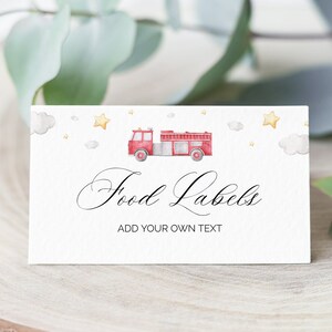Firetruck Food Labels, Fireman Place Cards, Firefighter Tent Cards, Fire Department Escort Cards, Firefighter Labels, Firetruck Place Card
