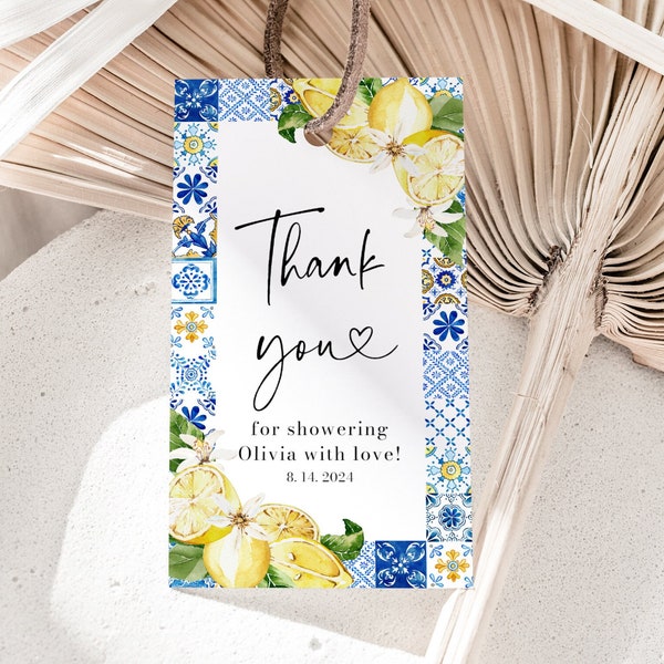 Blue Tiles Lemon Bridal Shower Favor Tags Italian Positano Bridal Shower Favors, Mediterranean Amalfi Coast Thank You Favor Tag Template M1