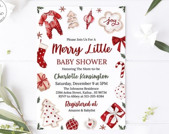 May include: A Christmas-themed baby shower invitation with a red and white colour scheme. The invitation features a watercolour illustration of a gingerbread cookie, a stocking, a baby onesie, a Christmas tree, and a candy cane. The text on the invitation reads "Merry Little Baby Shower" and includes the name of the mum-to-be, the date, time, and location of the shower. The invitation also includes the text "Registered at Amazon & Babylist".