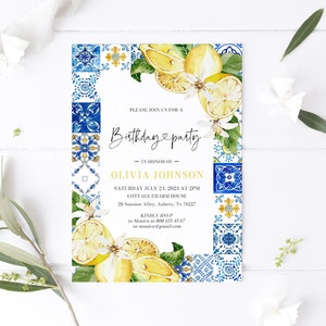 Mediterranean Blue Tile Lemons Birthday Party Invitation, Editable Italian Positano Tuscan Amalfi Birthday Theme Invite Instant Download M1