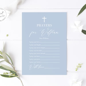 Modello di biglietto di preghiera per battesimo blu polveroso, biglietti di preghiere per bambini, croce bianca auguri di preghiera di battesimo blu polveroso, decorazione per battesimo del ragazzo