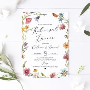 Rehearsal Dinner Invitation, Wildflower Wedding Rehearsal Dinner Invitation Template, Wildflower Spring Summer Boho Rehearsal Invitation W12