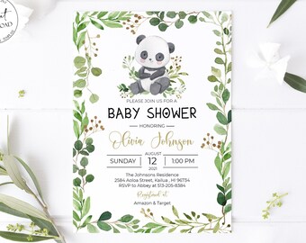 May include: A baby shower invitation with a green and gold floral border. A cute panda bear is sitting in the center of the invitation. The text reads "Please join us for a baby shower honoring Olivia Johnson, Sunday August 12, 1:00 PM, The Johnsons Residence, 2584 Aolca Street, Kailua, HI 96734, RSVP to Abbey at 513-205-8384, Registered at Amazon & Target."