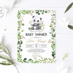 Panda baby shower uitnodiging sjabloon, groen eucalyptus genderneutrale baby shower uitnodiging, afdrukbare baby Panda Bear douche uitnodigen
