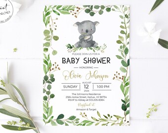 Könnte beinhalten: Eine Babyparty-Einladung mit einer Aquarell-Illustration eines Koalabären, umgeben von grünen Blättern. Der Einladungstext lautet "Bitte schließen Sie sich uns zu einer Babyparty zu Ehren von Olivia Johnson an, Sonntag, 12. August, 13:00 Uhr, The Johnsons Residence, 2584 Aolca Street, Kailua, HI 96734, RSVP an Abbey unter 513-205-8384, Registriert bei Amazon & Target."