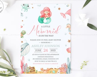 Editable Mermaid Baby Shower Invitation Little Mermaid Under The Sea Baby Shower Invite Cute Girl Mermaid Baby Shower, Mermaid on the way