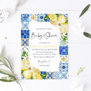 Positano Blue Tiles Lemon Baby Shower Invitation Template, Italian Mediterranean Baby Shower Invite Amalfi Coast Summer Lemon Baby Shower M5