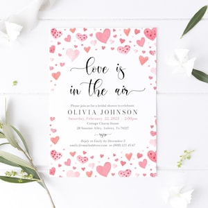 Love is in the air Bridal Shower Invitation Template, Valentines Day Theme Bridal Shower Invite Printable Love Pink Red Hearts Bridal Shower