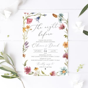Rehearsal Dinner Invitation, Wildflower Wedding Rehearsal Dinner Invitation Template, Wildflower Spring Summer Boho The Night Before W12