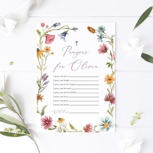 Tarjeta de oración de bautismo de flores silvestres, oraciones para la tarjeta del bebé, deseos de oración de bautizo de la cruz floral salvaje roja, oración de bautismo, jardín encantado W5