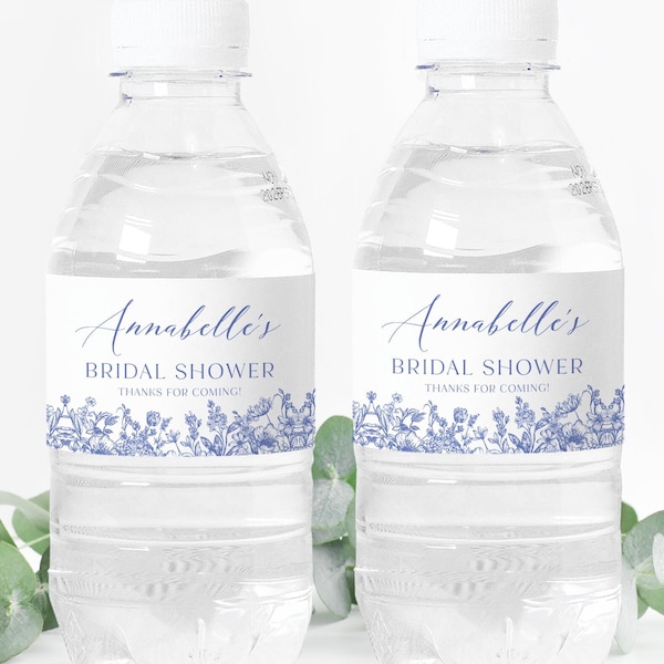 Blue Floral Water Bottle Label, Editable Blue Vintage Floral Bridal Shower Water Labels, Printable Victorian Blue Water Label Stickers B3