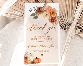 Herbst Baby Shower Danke Tags, Bogen Burnt Orange Herbst Kürbis Baby Shower Favor Tags, Ein kleiner Kürbis ist auf dem Weg Baby Shower Tags F4