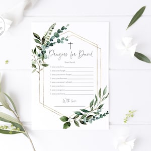 Greenery Baptism Prayer Card, Editable Prayers for Baby Card, Gold Greenery Eucalyptus Cross Christening Prayer Wishes, Instant Download, B1