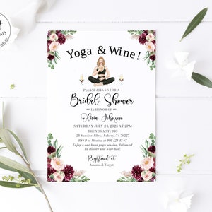 Yoga Bridal Shower Invitation, Burgundy Floral Yoga and Wine Bridal Shower Invite Template, Sip and Stretch Wine and Yoga Wedding Shower