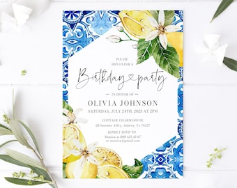 Mediterranean Blue Tile Lemons Birthday Party Invitation, Editable Italian Positano Amalfi Coast Birthday Theme Invite Instant Download M2