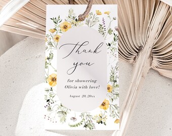 Wildflower Bridal Shower Favor Tag Template, Editable Meadow Garden Floral Gift Tags, Yellow Wildflower Thank You Tag, Wildflower Shower W3