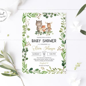 Wald-Baby-Dusche-Einladung, grüne Junge-Baby-Dusche einladen, junge Waldtiere-Baby-Dusche einladen, geschlechtsneutrale Wald-Dusche