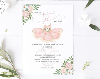 Tutu Baby Shower Invitation, Tutu Excited Invite, Ballerina Baby Shower Invitation, Editable Blush pink and gold Girl Baby Shower Invitation