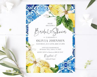 Italian Blue Tile Lemon Bridal Shower Invitation Template Mediterranean Bridal Shower Invitations Positano Blue Tile Hens Party Invite M2