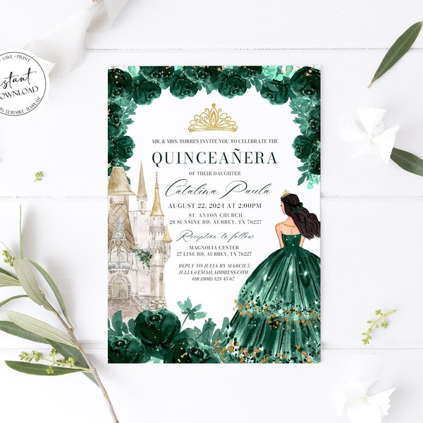 Emerald Green Floral Quinceanera Invitation, Castle Princess Quinceanera Invite, Mis Quince 15 Anos 15th birthday Green Gold Quinceañera