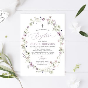 Wildflower doop uitnodigingen, Wildflower doop uitnodigen, paarse bloemen Cross meisje doopsel uitnodigen, Wildflower eerste communie uitnodigen W2
