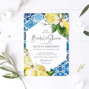 Italian Blue Tile Lemon Bridal Shower Invitation Template Mediterranean Bridal Shower Invitations Positano Blue Tile Hens Party Invite M2