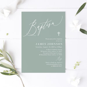 Sage Green Baptism Invitation Template, Editable White Cross Sage Green Christening Invite, Printable Modern Baptism Invite, Sage Baptism