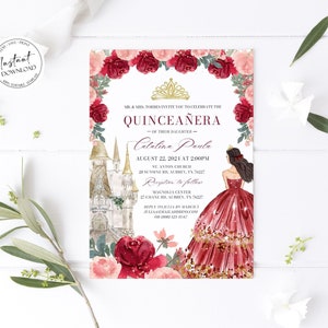 Burgundy Blush Floral Quinceanera Invitation, Princess Quinceanera Invite, Red Mis Quince 15 Anos Invite, Burgundy Quinceañera Invite